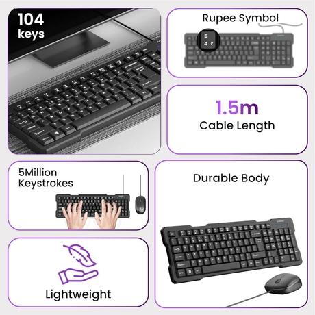 Ambrane KeyFlex Wired Keyboard and Mouse Combo, Black-5