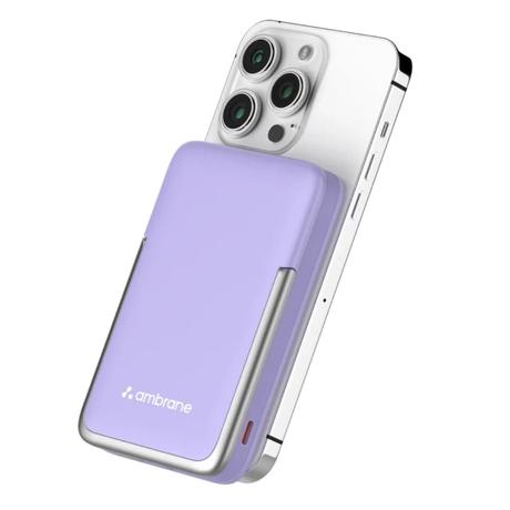 Ambrane AeroSync 10000 mAh Power Bank 11 with stand, 22.5 W Wired and 15W Wireless Fast Charging, Dual Wired Output 1 USB & 1 Type C, MagSafe Compatible, LED Indicators, Cable Included, Purple-1