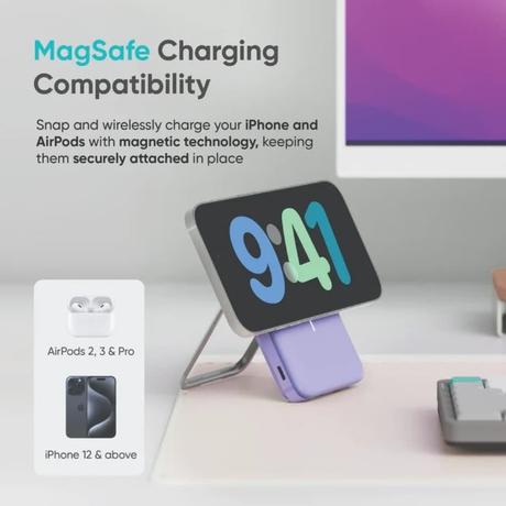 Ambrane AeroSync 10000 mAh Power Bank 11 with stand, 22.5 W Wired and 15W Wireless Fast Charging, Dual Wired Output 1 USB & 1 Type C, MagSafe Compatible, LED Indicators, Cable Included, Purple-2