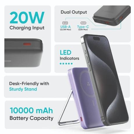 Ambrane AeroSync 10000 mAh Power Bank 11 with stand, 22.5 W Wired and 15W Wireless Fast Charging, Dual Wired Output 1 USB & 1 Type C, MagSafe Compatible, LED Indicators, Cable Included, Purple-3