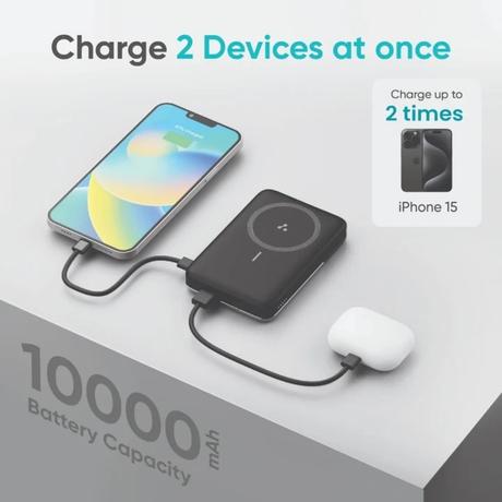 Ambrane AeroSync 10000 mAh Power Bank 11 with stand, 22.5 W Wired and 15W Wireless Fast Charging, Dual Wired Output 1 USB & 1 Type C, MagSafe Compatible, LED Indicators, Cable Included, Purple-5