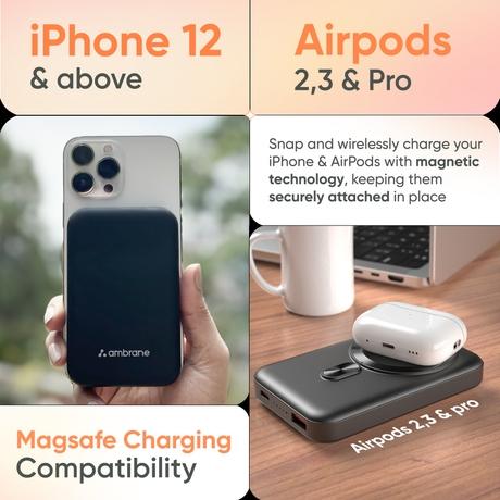 Ambrane AeroSync 10000 mAh MagSafe Power Bank 12, 22.5 W Wired Output, 15 W Wireless Charging, Strong Magnet, Dual Port USB & Type C, Multi-layer Chipset Protection, LED Indicator, Pocket Size, Cable Included, Black-2