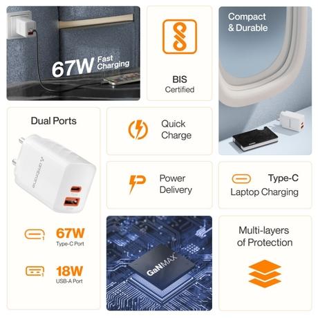 Ambrane 67 Watt GAN Charger, Dual Ports Type A & C, Boosted Speed, MacBook & Type C Laptop Charging,Quick Charge 3.0, Power Delivery Technology, White-1