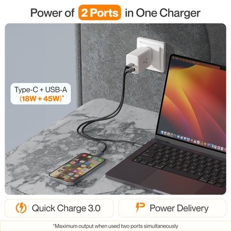 Ambrane 67 Watt GAN Charger, Dual Ports Type A & C, Boosted Speed, MacBook & Type C Laptop Charging,Quick Charge 3.0, Power Delivery Technology, White-2