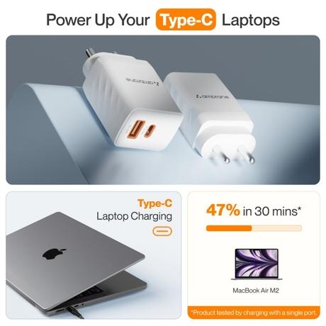 Ambrane 67 Watt GAN Charger, Dual Ports Type A & C, Boosted Speed, MacBook & Type C Laptop Charging,Quick Charge 3.0, Power Delivery Technology, White-3