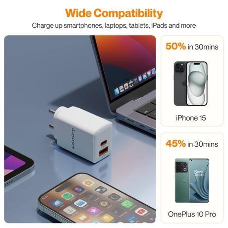 Ambrane 67 Watt GAN Charger, Dual Ports Type A & C, Boosted Speed, MacBook & Type C Laptop Charging,Quick Charge 3.0, Power Delivery Technology, White-4