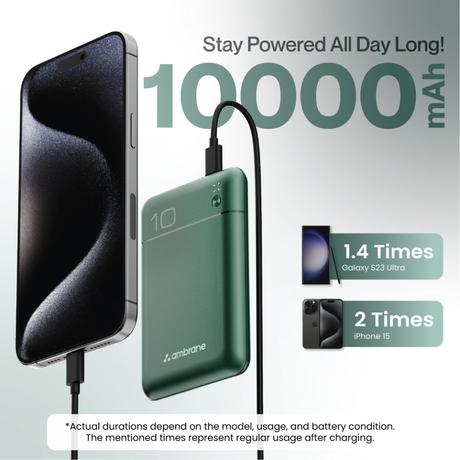 Ambrane Pocket Charge 22.5 W 10000 mAh Power Bank, Green-4