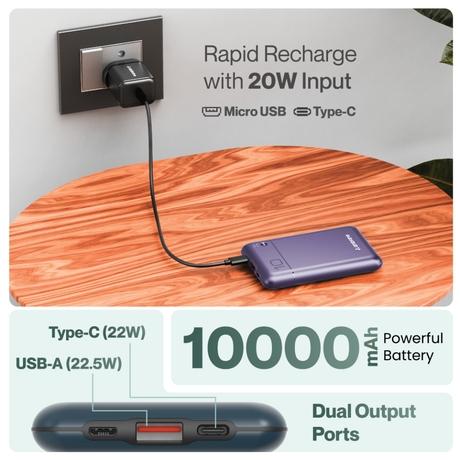 Ambrane Pocket Charge 22.5 W 10000 mAh Power Bank, Purple-6