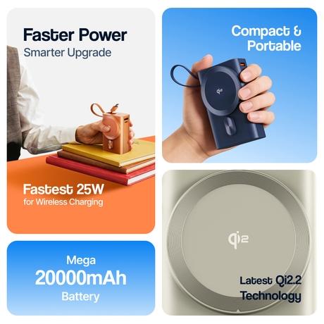 Ambrane AerosynQ Orbit 20000 mAh 35 W Qi2 MagSafe Power Bank, Titanium-1