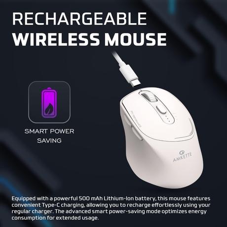 Amkette Hush Pro Epic Rechargeable Bluetooth Wireless Mouse, White-2