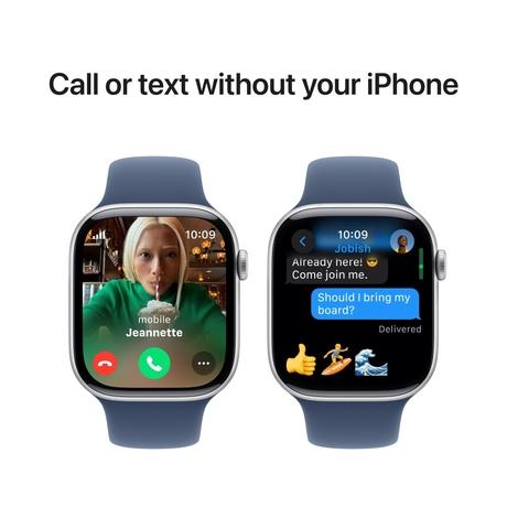 Apple Watch Series 10 GPS + Cellular 46 mm Silver Aluminium Case with Denim Sport Band - S/M-7