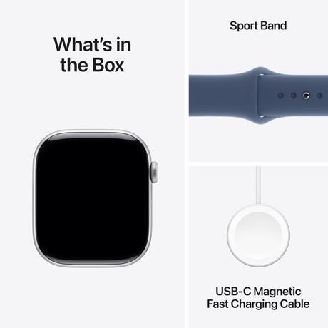 Apple Watch Series 10 GPS + Cellular 46 mm Silver Aluminium Case with Denim Sport Band - S/M-9