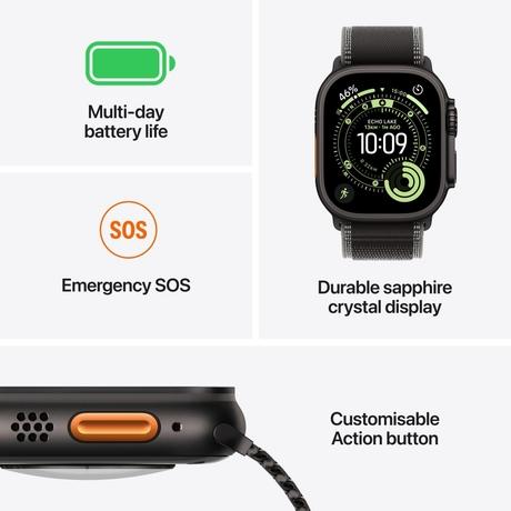 Apple Watch Ultra 3 GPS + Cellular 49 mm Black Titanium Case with Black/Charcoal Trail Loop - M/L-2