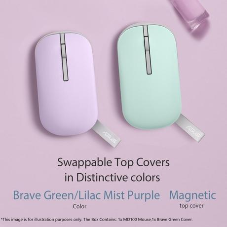 Asus Marshmallow MD100 Wireless Mouse, Lilac Mist Purple, (Brave Green cover also included)-2