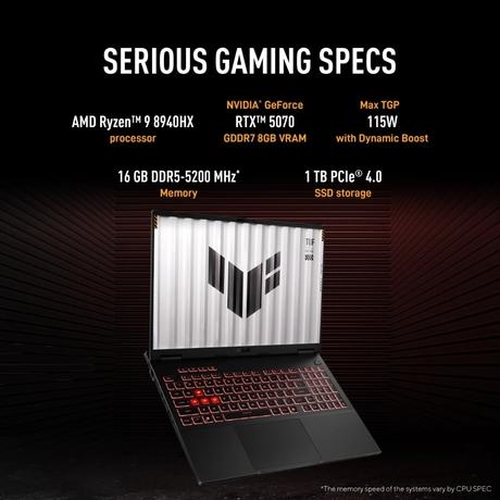 Asus TUF A16 FA608PP-QT014WS Gaming Laptop (AMD Ryzen 9 8940HX/16 GB/1 TB SSD/8 GB-NVIDIA GeForce RTX5070 GFX/Windows 11/Microsoft Office Home 2024/WQXGA), 40.64 cm - 16 inch, Jaeger Gray-4