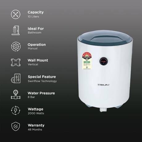 Bajaj Shakti Pro Storage Geyser 10 L, 5-Star Rated, Wall Mount, DuraAce Tank, DuraCoat Heating Element, Multiple Safety Systems, Child Safety Mode, High-Rise Suitable, 4 Years Warranty, White-2