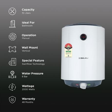 Bajaj Shakti Pro Storage Geyser 15 L, 5-Star Rated, Wall Mount, DuraAce Tank, DuraCoat Heating Element, Multiple Safety Systems, Child Safety Mode, High-Rise Suitable, 4 Years Warranty, White-2