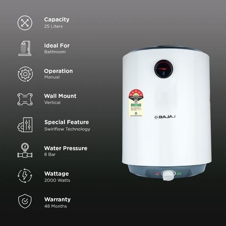 Bajaj Shakti Pro Storage Geyser 25 L, 5-Star Rated, Wall Mount, DuraAce Tank, DuraCoat Heating Element, Multiple Safety Systems, Child Safety Mode, High-Rise Suitable, 4 Years Warranty, White-2