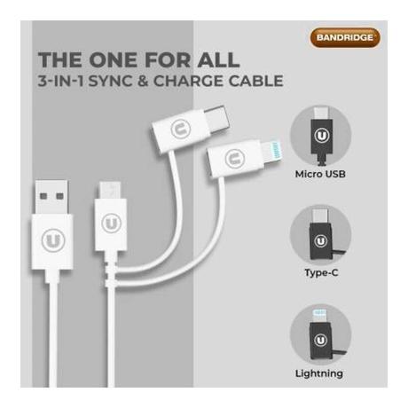 Bandridge U Series B3IN1W 1 m 3-in-1 USB-A to Micro USB, Type-C Fast Charging Cable, White-1