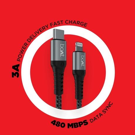 boAt LTG 650 Type C Lightning Cable, 3A Fast Charging, 480 MBps Data Sync, 150 cm (1.5 m) Length, Apple MFi Certified Cable, 10000+ Bends Lifespan, Compatible with Apple Devices, Tangle-free with Velcro Cable Organiser, Latest Apple C94 Connector, Black-1