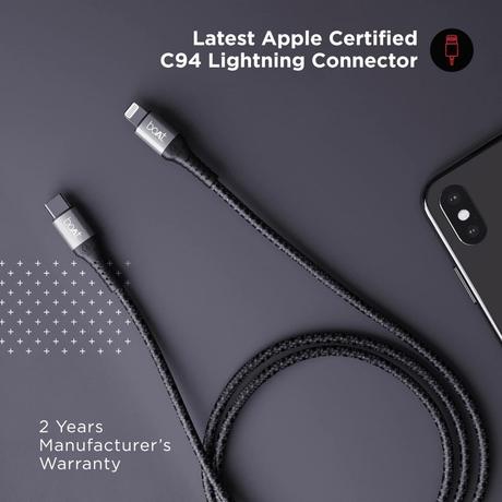 boAt LTG 650 Type C Lightning Cable, 3A Fast Charging, 480 MBps Data Sync, 150 cm (1.5 m) Length, Apple MFi Certified Cable, 10000+ Bends Lifespan, Compatible with Apple Devices, Tangle-free with Velcro Cable Organiser, Latest Apple C94 Connector, Black-2