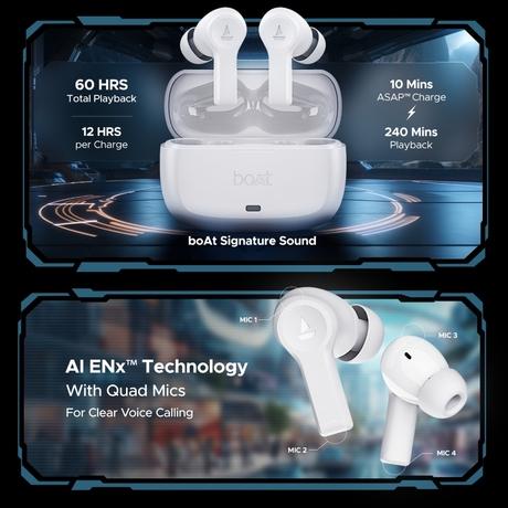 boAt Airdopes Flex 454 ANC with Active Noise Cancellation (32db), Multi Device Connectivity, In-Ear Detection, Total playtime : 60 hrs, Quad Mics with ENx Tech, ASAP Charge, 10mm Drivers : boAt Signature Sound (Zinc White)-3