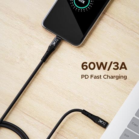 boAt C300 Type C Cable, 60W/3A PD Fast Charging, 480 mbps Data Sync, 150 cm (1.5 m) Length, Premium Nylon Braided Cable, 10000+ Bends Lifespan, Durable Aluminum Alloy Shell, Compatible with Phones, Laptop, Black-1