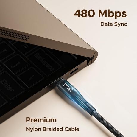 boAt C300 Type C Cable, 60W/3A PD Fast Charging, 480 mbps Data Sync, 150 cm (1.5 m) Length, Premium Nylon Braided Cable, 10000+ Bends Lifespan, Durable Aluminum Alloy Shell, Compatible with Phones, Laptop, Black-2