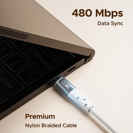 boAt C300 Type C Cable, 60W/3A PD Fast Charging, 480 mbps Data Sync, 150 cm (1.5 m) Length, Premium Nylon Braided Cable, 10000+ Bends Lifespan, Durable Aluminum Alloy Shell, Compatible with Phones, Laptop, White-2