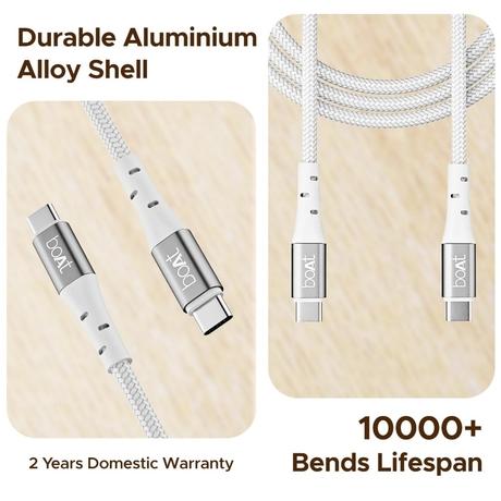 boAt C300 Type C Cable, 60W/3A PD Fast Charging, 480 mbps Data Sync, 150 cm (1.5 m) Length, Premium Nylon Braided Cable, 10000+ Bends Lifespan, Durable Aluminum Alloy Shell, Compatible with Phones, Laptop, White-4
