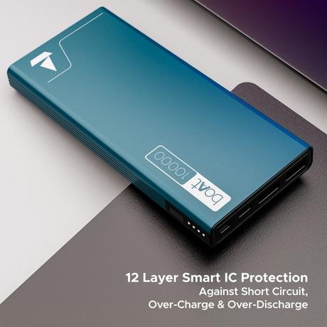 boAt EnergyShroom 10000 mAh Power Bank, 2-way 22.5 Watts Fast Charging, 12 Layer Smart IC Protection, High Temperature and Scratch Resistant, LED Indicators, 1 Type-C Two Way Port, 1 Micro USB Input Port, 2 USB-A Output Ports, Steel Blue-3