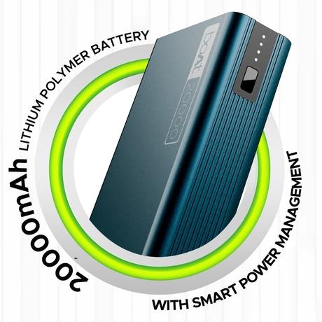 boAt EnergyShroom 20000 mAh Power Bank, 2 way 22.5 Watt Fast Charging, Quick Charge 3.0, High Temperature and Scratch Resistant, 12-Layer Smart IC Protection, 1 Type-C Two Way Port, 1 Micro USB Input Port, 2 USB-A Output Ports, LED Indicators, Steel Blue-1