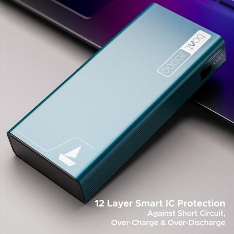 boAt EnergyShroom 20000 mAh Power Bank, 2 way 22.5 Watt Fast Charging, Quick Charge 3.0, High Temperature and Scratch Resistant, 12-Layer Smart IC Protection, 1 Type-C Two Way Port, 1 Micro USB Input Port, 2 USB-A Output Ports, LED Indicators, Steel Blue-3