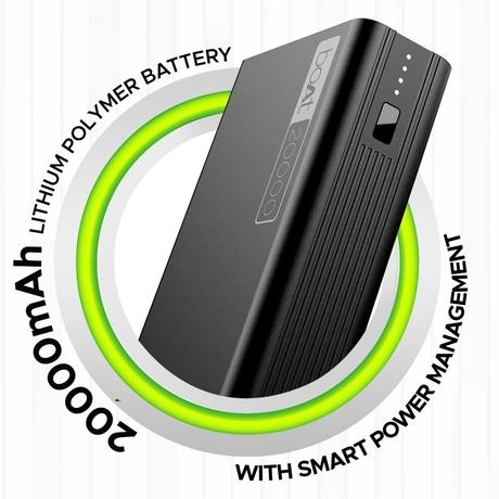 boAt EnergyShroom 20000 mAh Power Bank, 2 way 22.5 watt Fast Charging, Quick Charge 3.0, High Temperature and Scratch Resistant,12-Layer Smart IC Protection, 1 Type-C Two Way Port, 1 Micro USB Input Port, 2 USB-A Output Ports, LED Indicators, Carbon Black-1