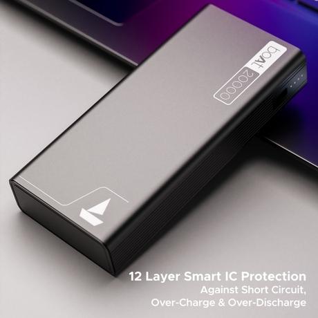 boAt EnergyShroom 20000 mAh Power Bank, 2 way 22.5 watt Fast Charging, Quick Charge 3.0, High Temperature and Scratch Resistant,12-Layer Smart IC Protection, 1 Type-C Two Way Port, 1 Micro USB Input Port, 2 USB-A Output Ports, LED Indicators, Carbon Black-3