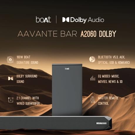 boAt Aavante Bar A2060 Dolby Soundbar with 160 Watts RMS boAt Signature Sound, 2.1 Channel Audio with Wired Subwoofer, Dolby Audio, Multi Connectivity : Bluetooth v5.3, AUX, USB & HDMI and Master Remote Control (Premium Black)-7