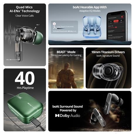 boAt Airdopes 800 TWS Earbuds with 40 Hours Playtime, Quad Mics with Ai-ENx Tech, ASAP Charge, Beast Mode, Surround Sound, Seamless Multipoint Connectivity, 10 mm Titanium Drivers, IPX5 (Interstellar Blue)-2