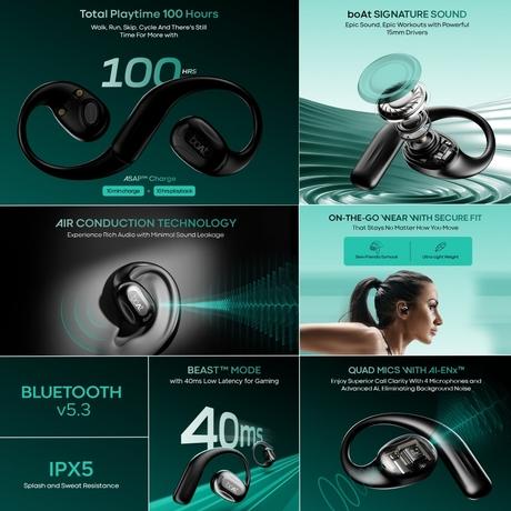 boAt Airdopes Progear Open Ear Ear Buds with Air Conduction Technology, 4 Mics with AI-ENx, 100 hrs Playback, 15 mm Drivers, Secure Fit, Beast Mode with 40 ms Latency, ASAP Charge (Active Black)-8