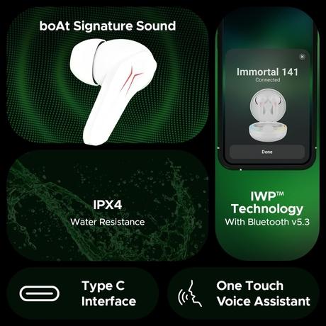 boAt Immortal 141 TWS Earbuds with ENxTM Tech, Up to 40 hrs Playtime, boAt Signature Sound, BEAST Mode, IPX4 Resistance, IWP Tech, RBG Lights, & USB Type-C Port (White Sabre)-6