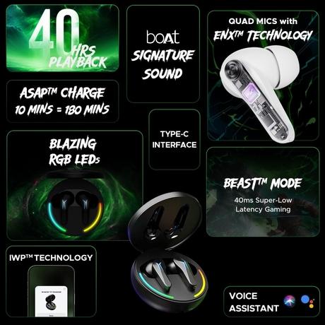 boAt Immortal 141 TWS Earbuds with ENxTM Tech, Up to 40 hrs Playtime, boAt Signature Sound, BEAST Mode, IPX4 Resistance, IWP Tech, RBG Lights, & USB Type-C Port (Black Sabre)-1