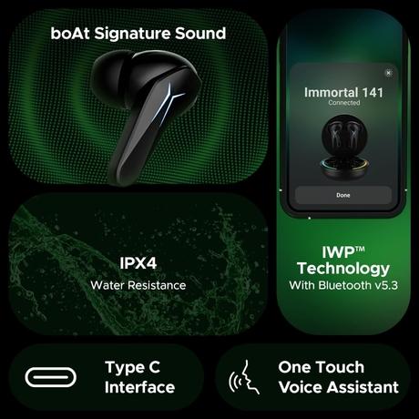 boAt Immortal 141 TWS Earbuds with ENxTM Tech, Up to 40 hrs Playtime, boAt Signature Sound, BEAST Mode, IPX4 Resistance, IWP Tech, RBG Lights, & USB Type-C Port (Black Sabre)-6