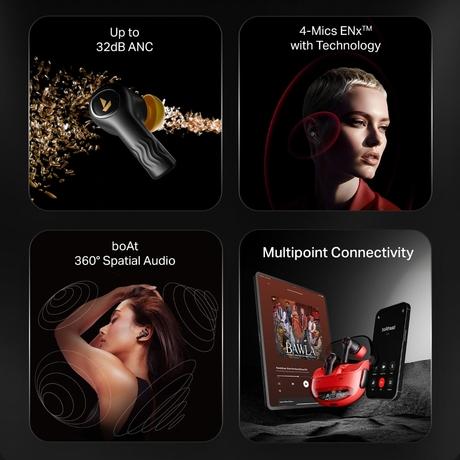 boAt Nirvana Crystl, Transparent Case, Spatial Audio, ANC ( Up to 32 dB), 100 Hrs Battery, 4 Mics ENx, Dual Pair, App Support, Bluetooth Earbuds, TWS Ear Buds Wireless Earphones with mic (Blazing Red)-1