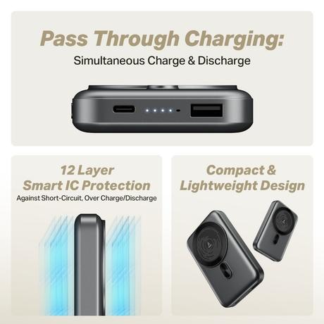 boAt EnergyShroom PB331 MagnaCharge, 10000 mAh Power Bank, 22.5 Wired Charging & 15 W Wireless Charging, Dual Port Type A & C, Fast Charging, 12 Layer Smart IC Protection, Ash Black-5