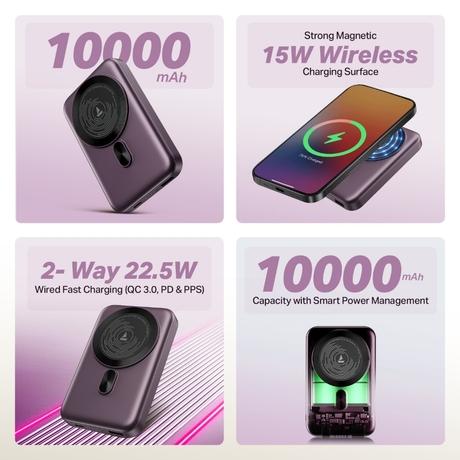 boAt EnergyShroom PB331 MagnaCharge, 10000 mAh Power Bank, 22.5 Wired Charging & 15 W Wireless Charging, Dual Port Type A & C, Fast Charging, 12 Layer Smart IC Protection, Purple-1