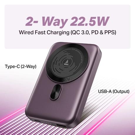 boAt EnergyShroom PB331 MagnaCharge, 10000 mAh Power Bank, 22.5 Wired Charging & 15 W Wireless Charging, Dual Port Type A & C, Fast Charging, 12 Layer Smart IC Protection, Purple-2