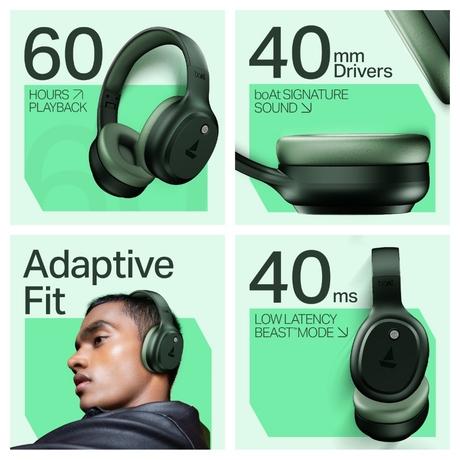boAt Rockerz 421 Over Ear Bluetooth Wireless Headphones with 60 hours Playback Time, 40 mm Drivers with boAt Signature Sound and Adaptive Fit (Sage Green)-6