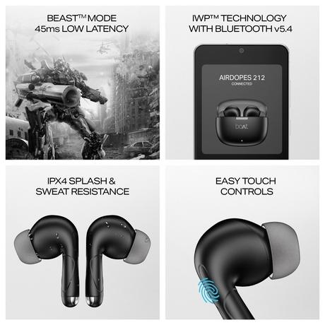 boAt Airdopes 212 with Tanslucent Lid, 50 Hrs Battery, 45 ms Low Latency, ENx Tech, Fast Charge, Bluetooth (Noir Black)-2