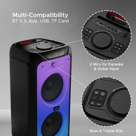 boAt PartyPal 450 with 180 W boAt Signature Sound, Flame LEDs, Playtime upto 6 Hrs, Guitar Input, 2 Mics for Karaoke (Space Black)-4