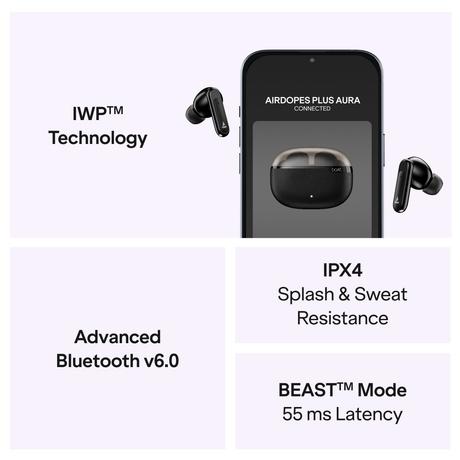 boAt Airdopes Plus Aura TWS Earbuds with Up to 75 Hours Playtime, 13 mm Drivers with boAt Signature Sound, 10 mins ASAP Charge (150 mins Playtime), 55 ms Low Latency, 4 Mics with AI-ENx Technology, Fractal Black-7