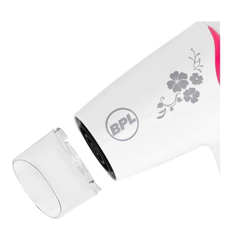 BPL Hair Dryer 1200 W, Ionic, 3 Heat Settings, Overheat Protection, Detachable Concentrator, Foldable, White & Pink, 2 years warranty, BHDFI00312-9